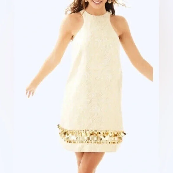 Lilly Pulitzer | Dresses | Nwt Lilly Pulitzer Diedra Jacquard Cream Gold  Metallic Sequin Mini Dress M | Poshmark